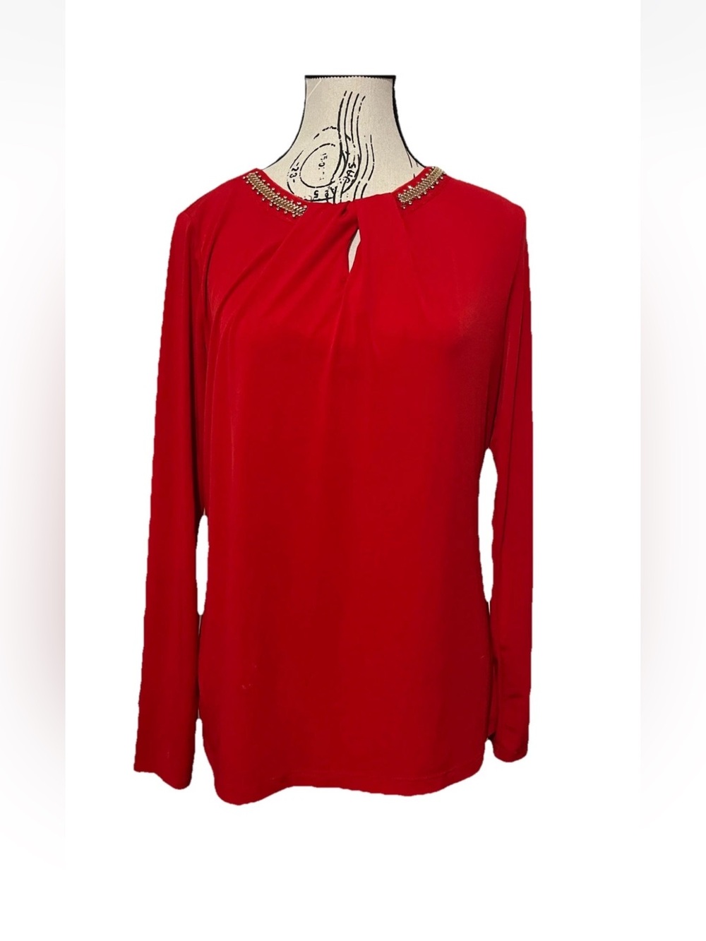 Liz Claiborne Red Blouse Career Women’s Size Small Beaded Keyhole Neck